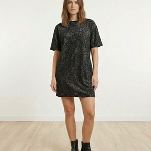 JJXX NWT Black Sparkle Mini Dress Med T-Shirt Dress Holiday Glam Cocktail